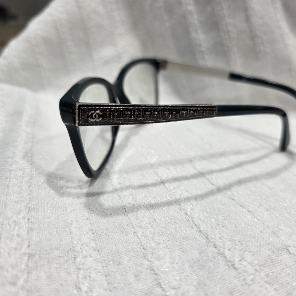 CHANEL Black Acetate Eyeglasses with Metallic Logo Temple